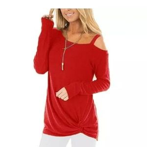 Cherry red long sleeve cold Shoulder knot top med